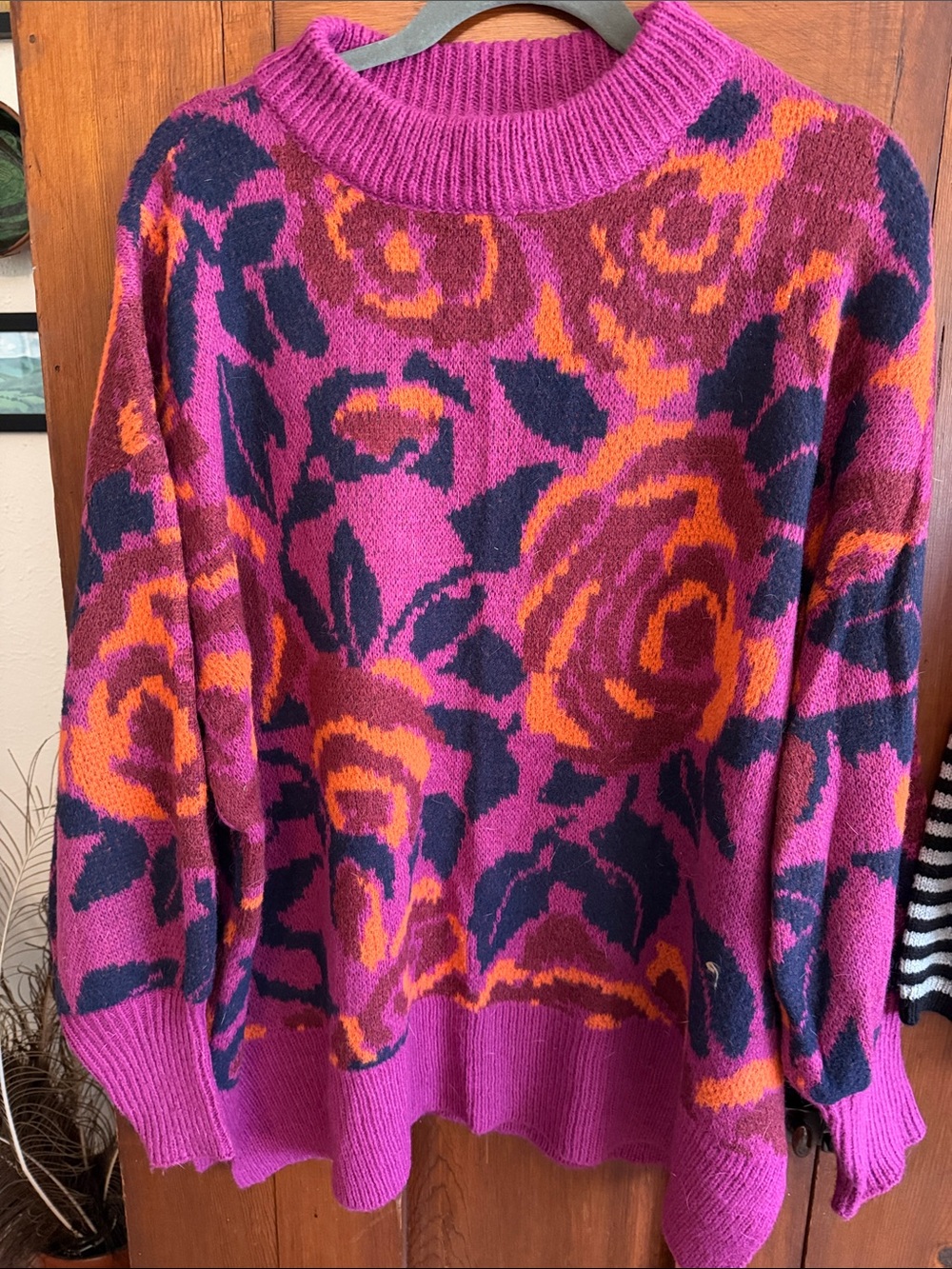 JODIFL Magenta Floral Crewneck Sweater with Orange & Navy Accents